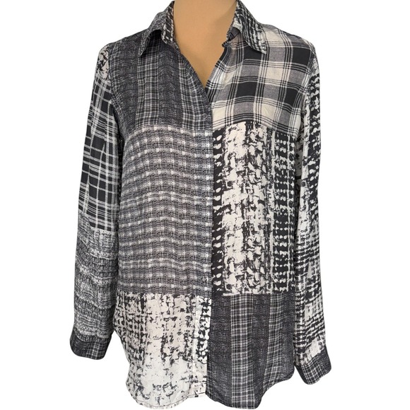 L'Agence Black White Patchwork Plaid Silk Button Front Blouse Size 4 Office - Picture 2 of 8